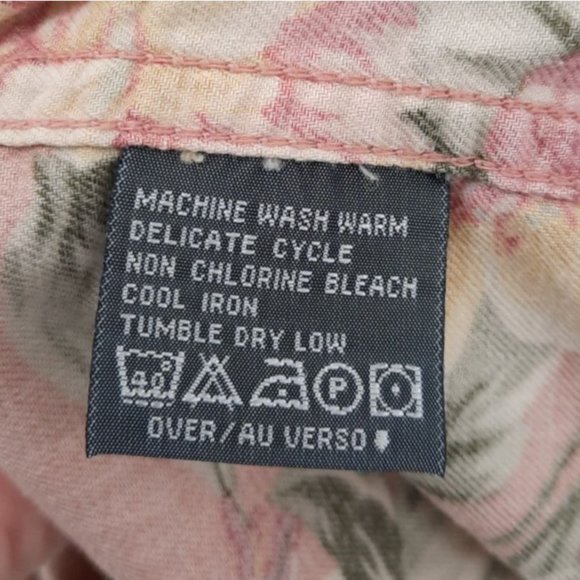 VTG 90s Lizwear Pink Floral Pearl Snap Shirt Size M Short Sleeves Cotton Yellow - Picture 5 of 8